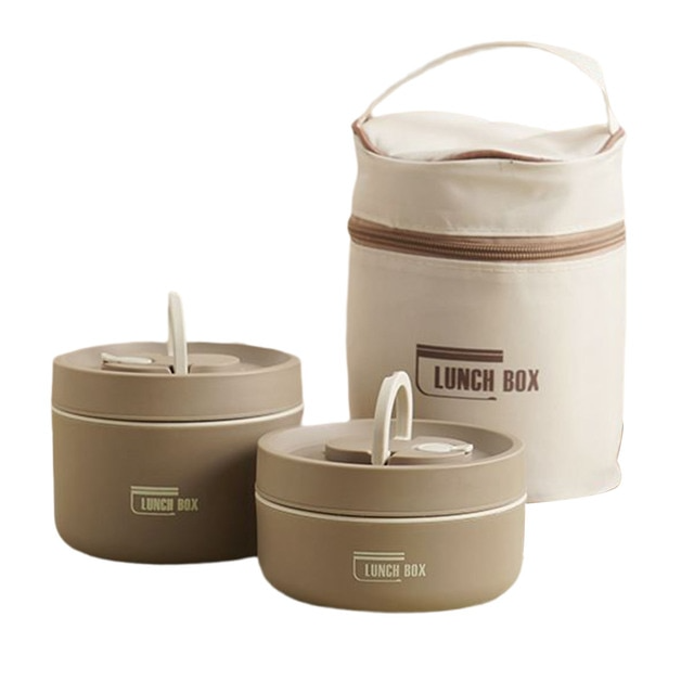 ThermoBox Multi-Layered Insulated Lunchbox with FREE Carry Bag-Small + Large-Brown-State of Style
