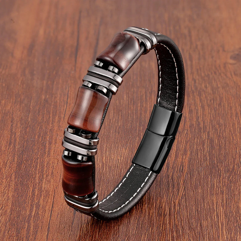 Tiger's Eye Natural Stone Leather Bracelet | Women's Jewellery-BLACK RED TIGER EYE-19CM-State of Style