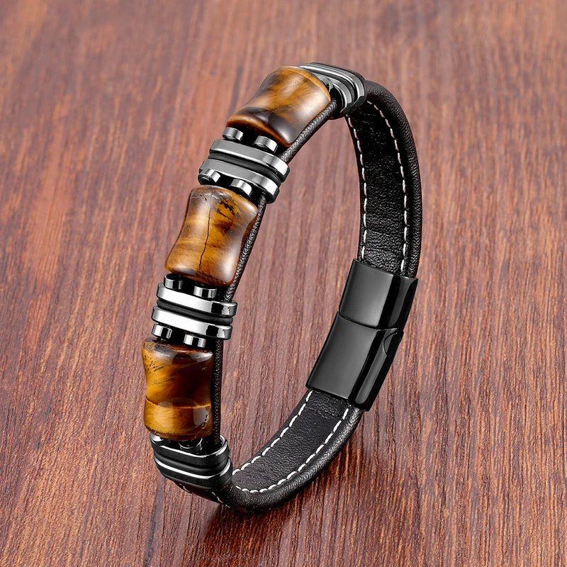 Tiger's Eye Natural Stone Leather Bracelet | Women's Jewellery-BLACK TIGER EYE-19CM-State of Style