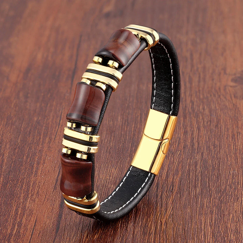Tiger's Eye Natural Stone Leather Bracelet | Women's Jewellery-GOLD RED TIGER EYE-19CM-State of Style