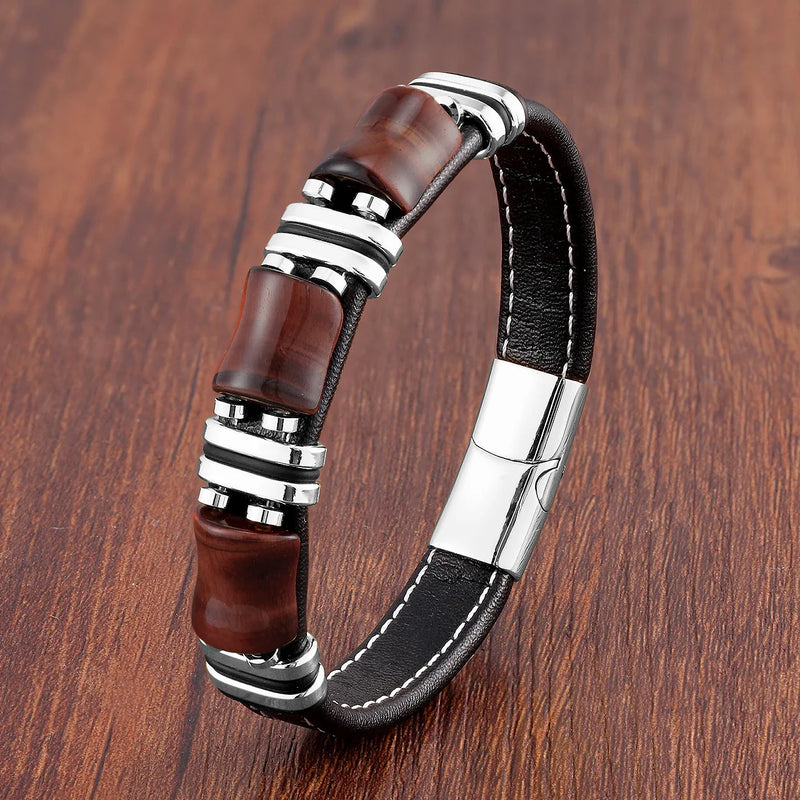 Tiger's Eye Natural Stone Leather Bracelet | Women's Jewellery-SILVER RED TIGER EYE-19CM-State of Style
