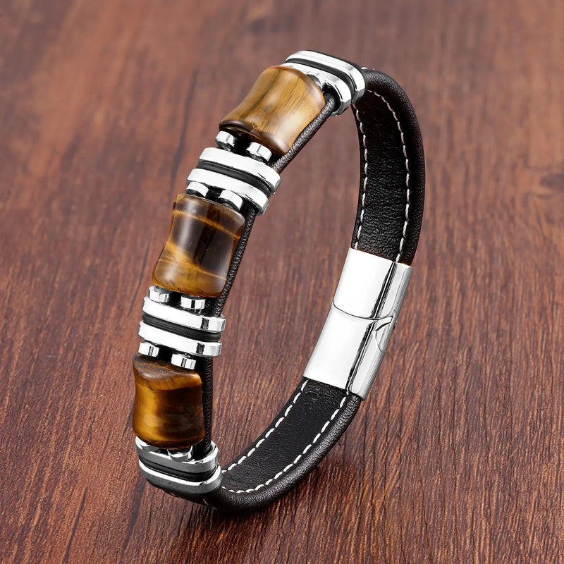 Tiger's Eye Natural Stone Leather Bracelet | Women's Jewellery-SILVER TIGER EYE-19CM-State of Style