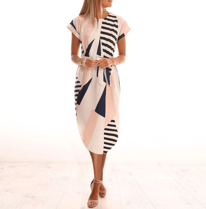 Trendy asymmetrical women's midi dress with print and waistbelt – Elira-S-State of Style