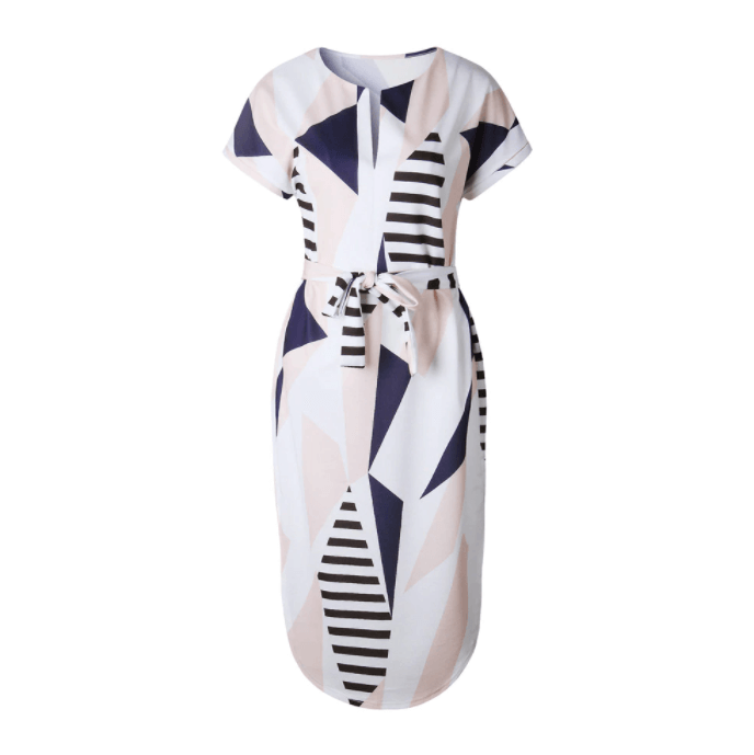 Trendy asymmetrical women's midi dress with print and waistbelt – Elira-S-State of Style