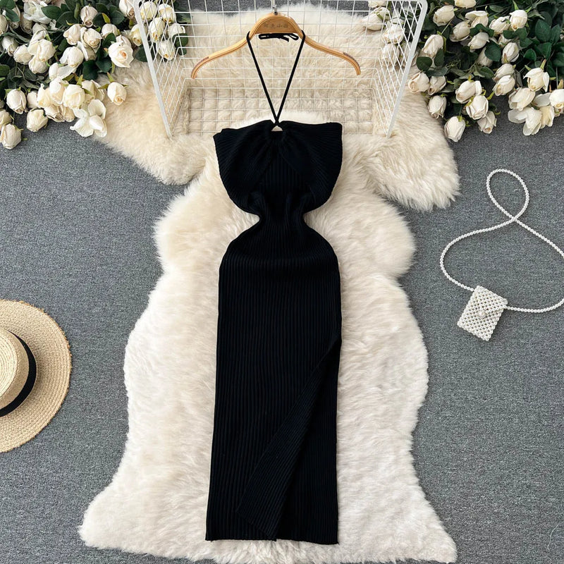 Trendy backless maxi knitted dress with side slit for women (one size) – Liora-Black-State of Style