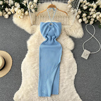 Trendy backless maxi knitted dress with side slit for women (one size) – Liora-Blue-State of Style