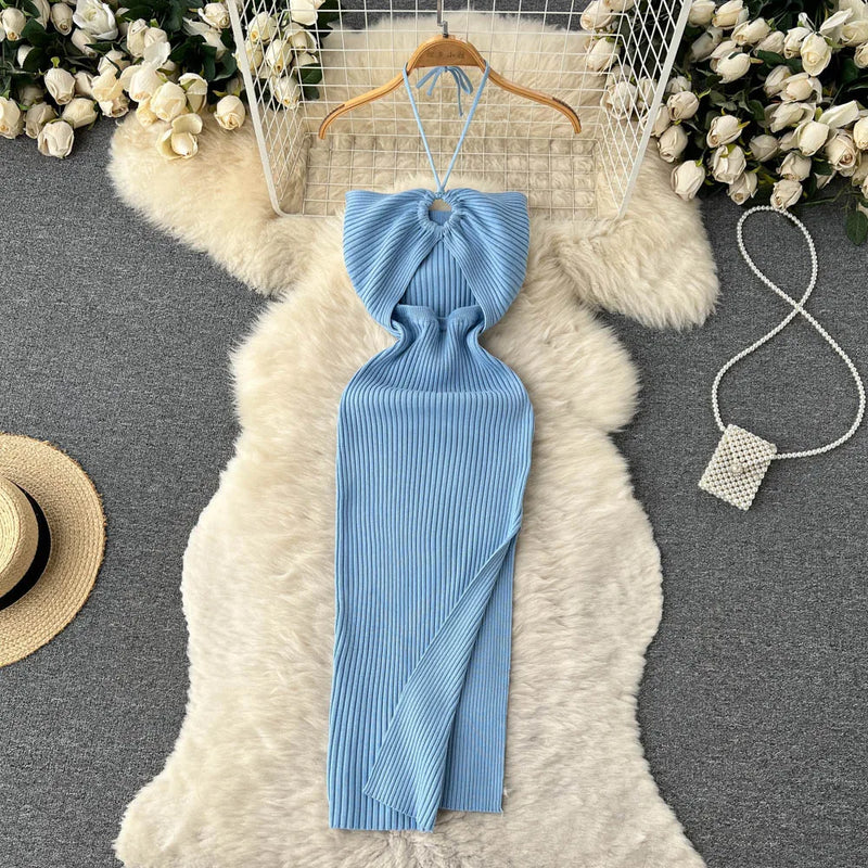 Trendy backless maxi knitted dress with side slit for women (one size) – Liora-Blue-State of Style