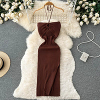 Trendy backless maxi knitted dress with side slit for women (one size) – Liora-Chocolate brown-State of Style