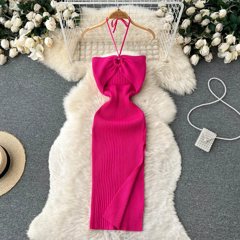 Trendy backless maxi knitted dress with side slit for women (one size) – Liora-Dark pink-State of Style