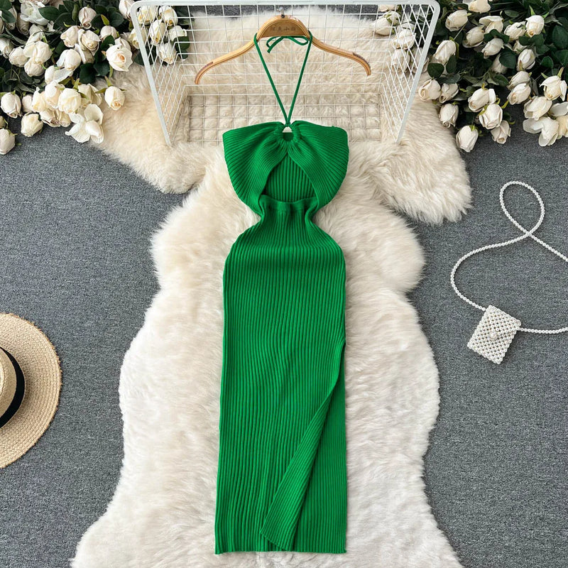 Trendy backless maxi knitted dress with side slit for women (one size) – Liora-Dark pink-State of Style