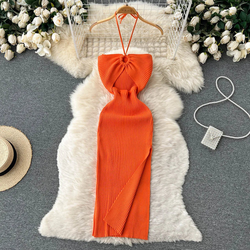 Trendy backless maxi knitted dress with side slit for women (one size) – Liora-Dark pink-State of Style