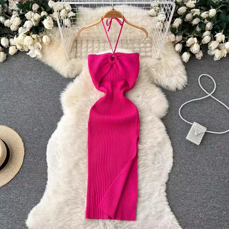 Trendy backless maxi knitted dress with side slit for women (one size) – Liora-Dark pink-State of Style