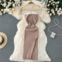 Trendy backless maxi knitted dress with side slit for women (one size) – Liora-Khaki-State of Style