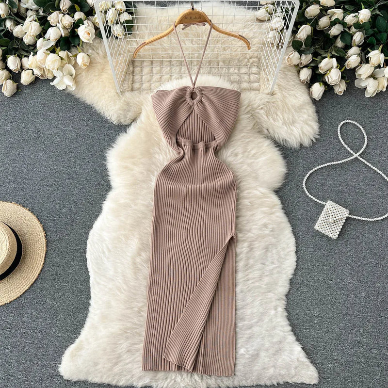 Trendy backless maxi knitted dress with side slit for women (one size) – Liora-Khaki-State of Style