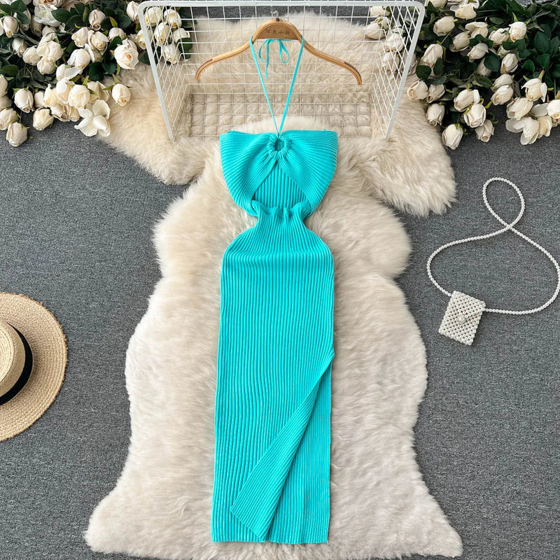 Trendy backless maxi knitted dress with side slit for women (one size) – Liora-Light blue-State of Style