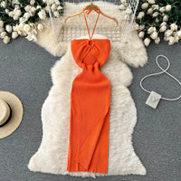 Trendy backless maxi knitted dress with side slit for women (one size) – Liora-Orange-State of Style