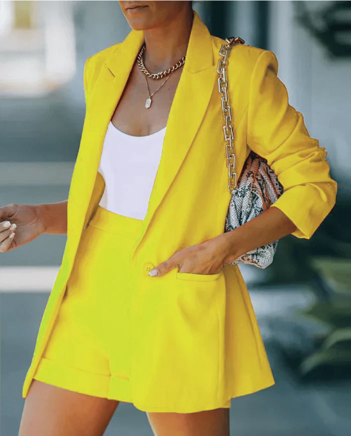 Trendy blazer co-ord with shorts – Versatile & Stylish – Larissa-Yellow-S-State of Style