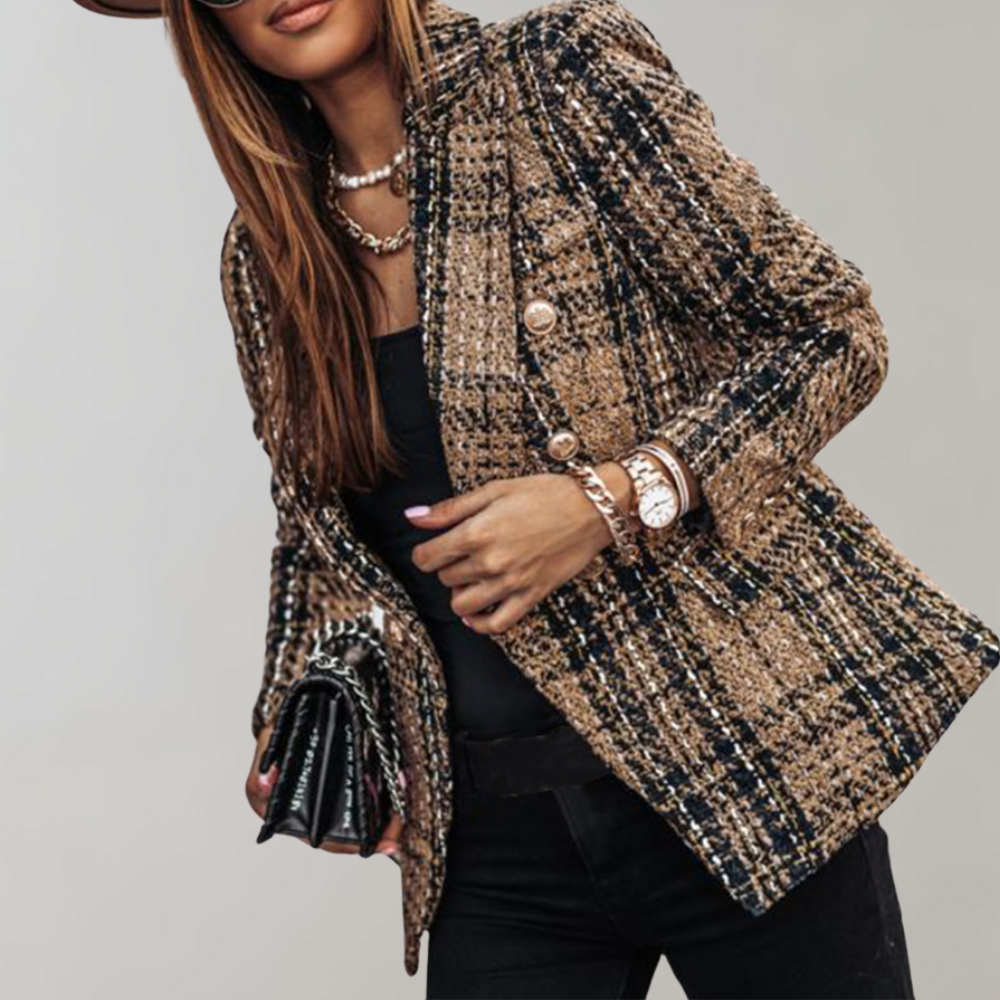 Trendy Checked Blazer for Women - Isabelle-Brown-S-State of Style