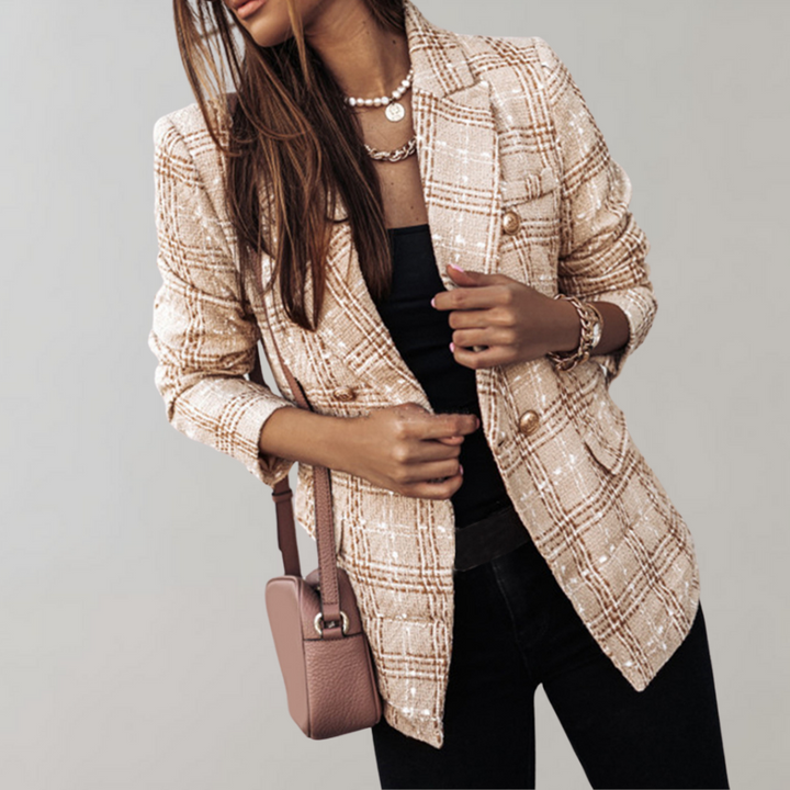 Trendy Checked Blazer for Women - Isabelle-Khaki-S-State of Style