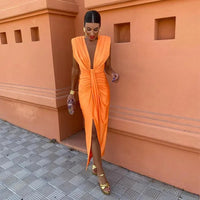 Trendy evening dress with a deep V-neck & tailored fit – Malina-Orange-S-State of Style