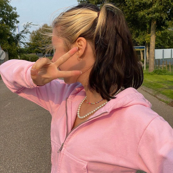 Trendy Fitted Women's Cropped Zip-Up Hoodie with Hood – Alina-Pink-S-State of Style