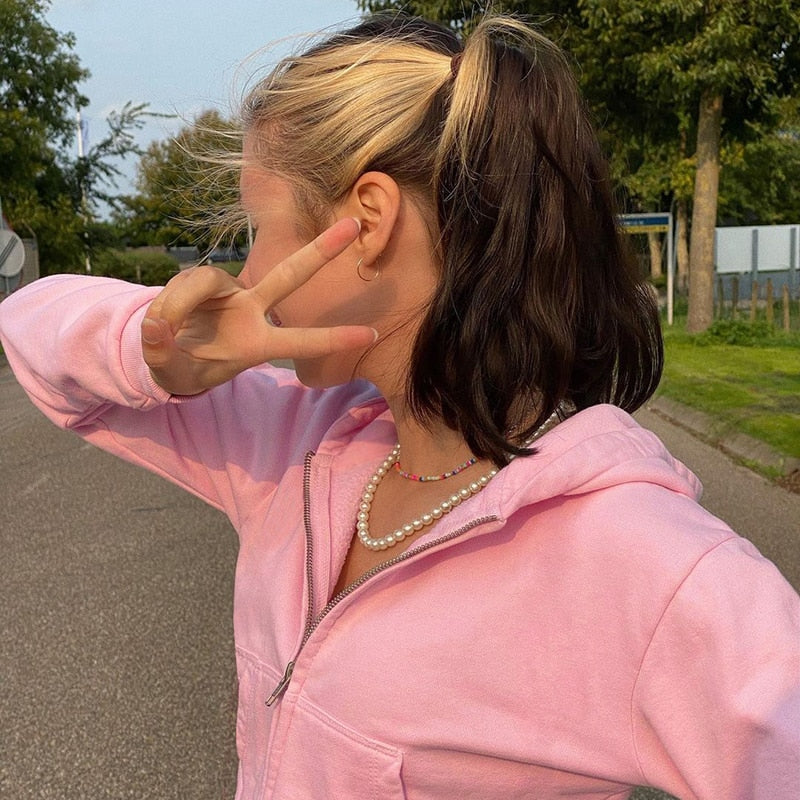 Trendy Fitted Women's Cropped Zip-Up Hoodie with Hood – Alina-Pink-S-State of Style