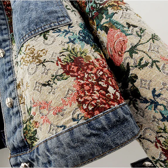 Trendy Floral Denim Jacket for Women - Amaline-Dark Blue-XS-State of Style