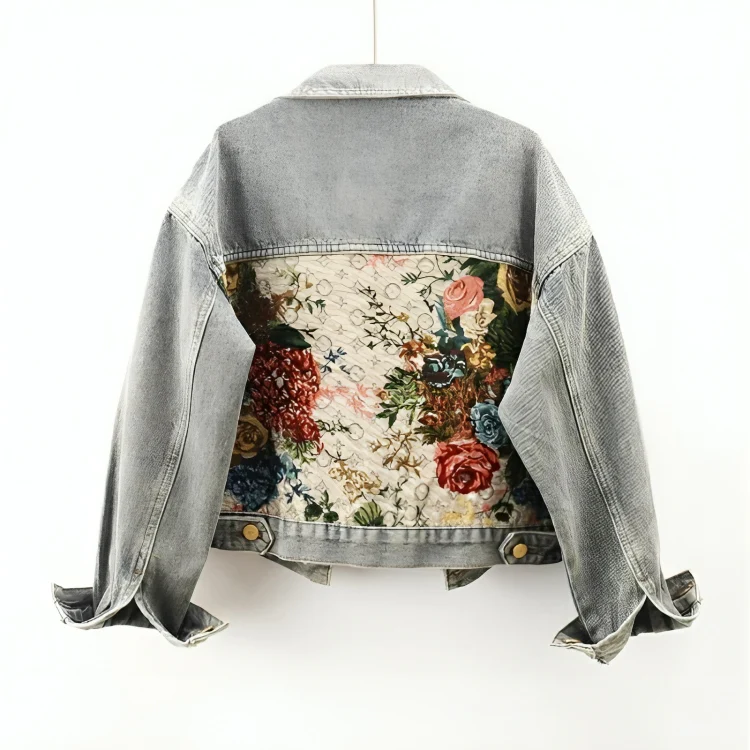 Trendy Floral Denim Jacket for Women - Amaline-Dark Blue-XS-State of Style
