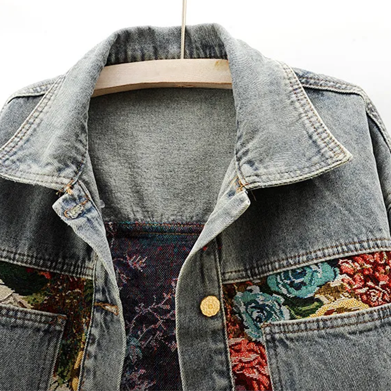 Trendy Floral Denim Jacket for Women - Amaline-Dark Blue-XS-State of Style