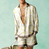 Trendy Hawaiian set with a silk look for men – Fabio-Beige/Yellow-S-State of Style