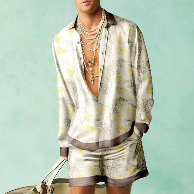 Trendy Hawaiian set with a silk look for men – Fabio-Beige/Yellow-S-State of Style