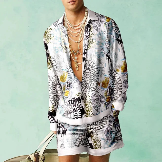 Trendy Hawaiian set with a silk look for men – Fabio-Black/White/Yellow-S-State of Style