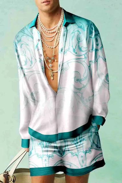 Trendy Hawaiian set with a silk look for men – Fabio-Blue/Pale Pink-S-State of Style