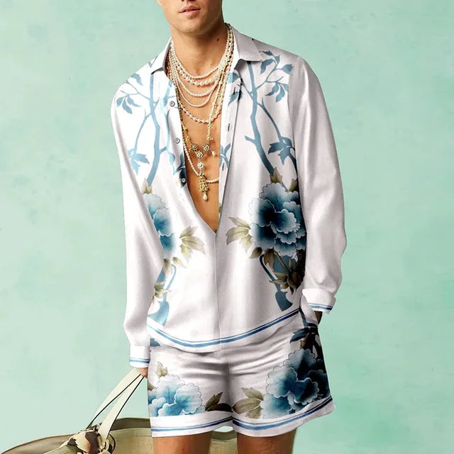 Trendy Hawaiian set with a silk look for men – Fabio-Blue/White-S-State of Style
