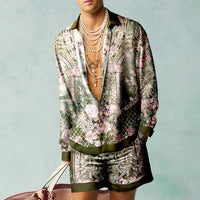 Trendy Hawaiian set with a silk look for men – Fabio-Light blue/Green-S-State of Style