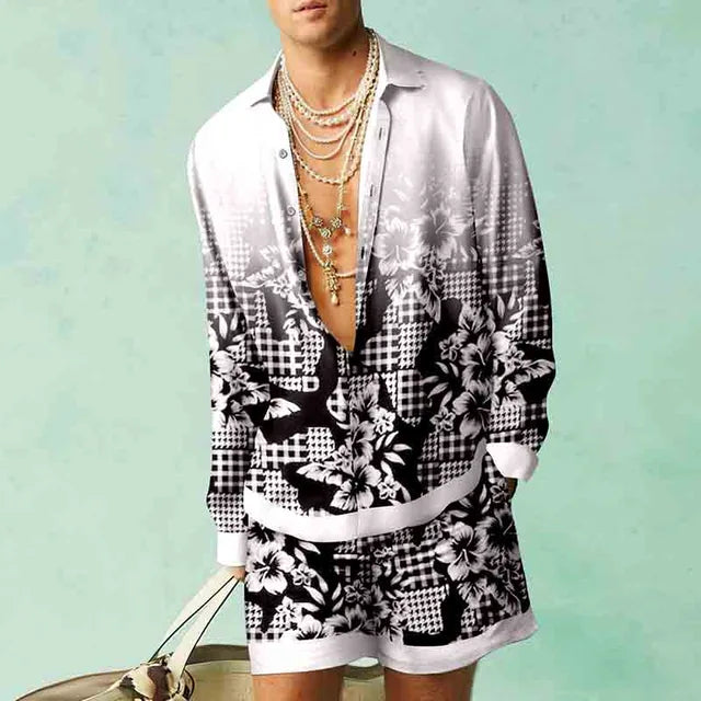 Trendy Hawaiian set with a silk look for men – Fabio-White/Black-S-State of Style