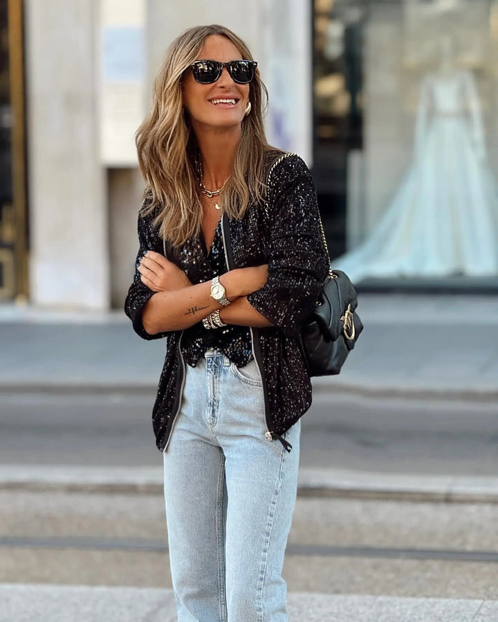 Trendy ladies' sequin blazer for spring & events – Soraya-Black-S-State of Style