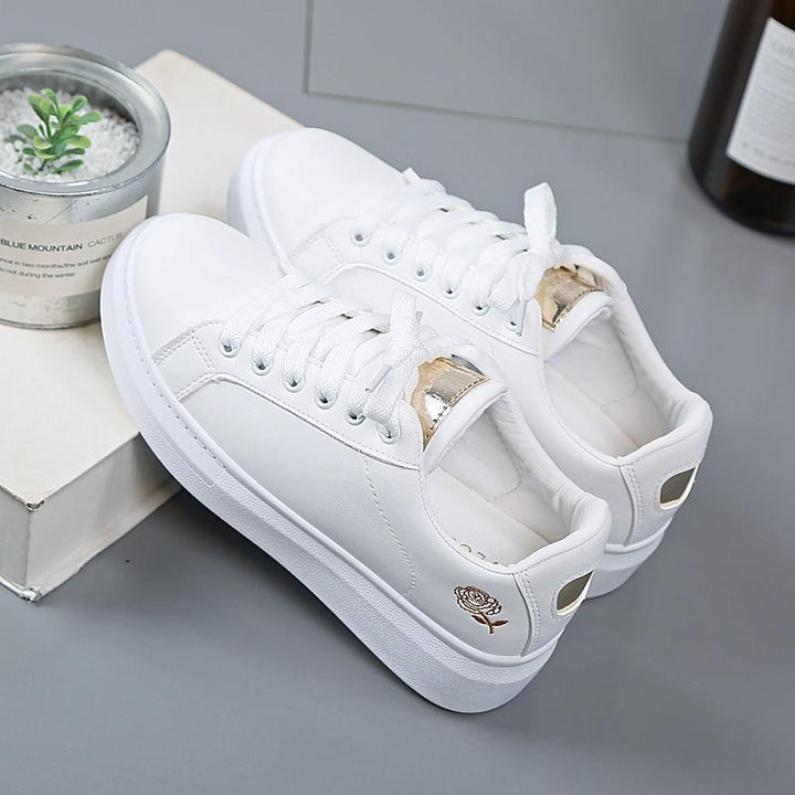Trendy ladies' sneakers made of synthetic leather with metallic accents – Norell-White - Gold-3-State of Style