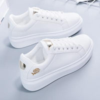 Trendy ladies' sneakers made of synthetic leather with metallic accents – Norell-White - Gold-3-State of Style