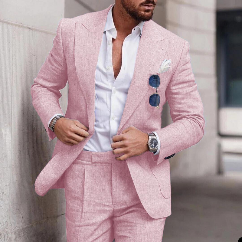 Trendy Linen 2-Piece Beach Suit for Men - Caden-Pink-S-State of Style