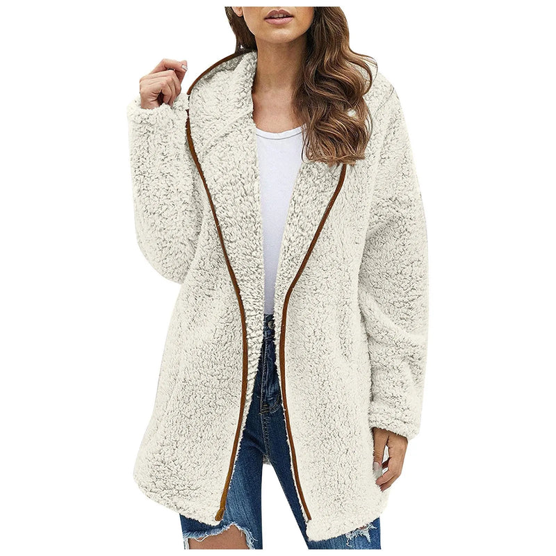 Trendy Long Fleece Jacket for Women - Luna-Beige-S-State of Style