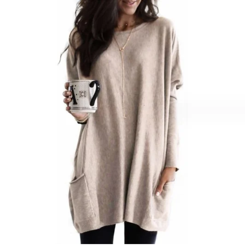 Trendy Long Sleeve Tunic - Celina-Khaki-S-State of Style