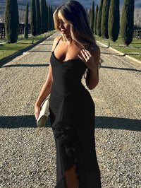 Trendy maxi dress with ruffles and spaghetti straps – Loyza-Black-XS-State of Style