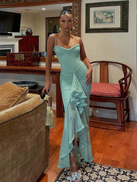 Trendy maxi dress with ruffles and spaghetti straps – Loyza-Green-XS-State of Style