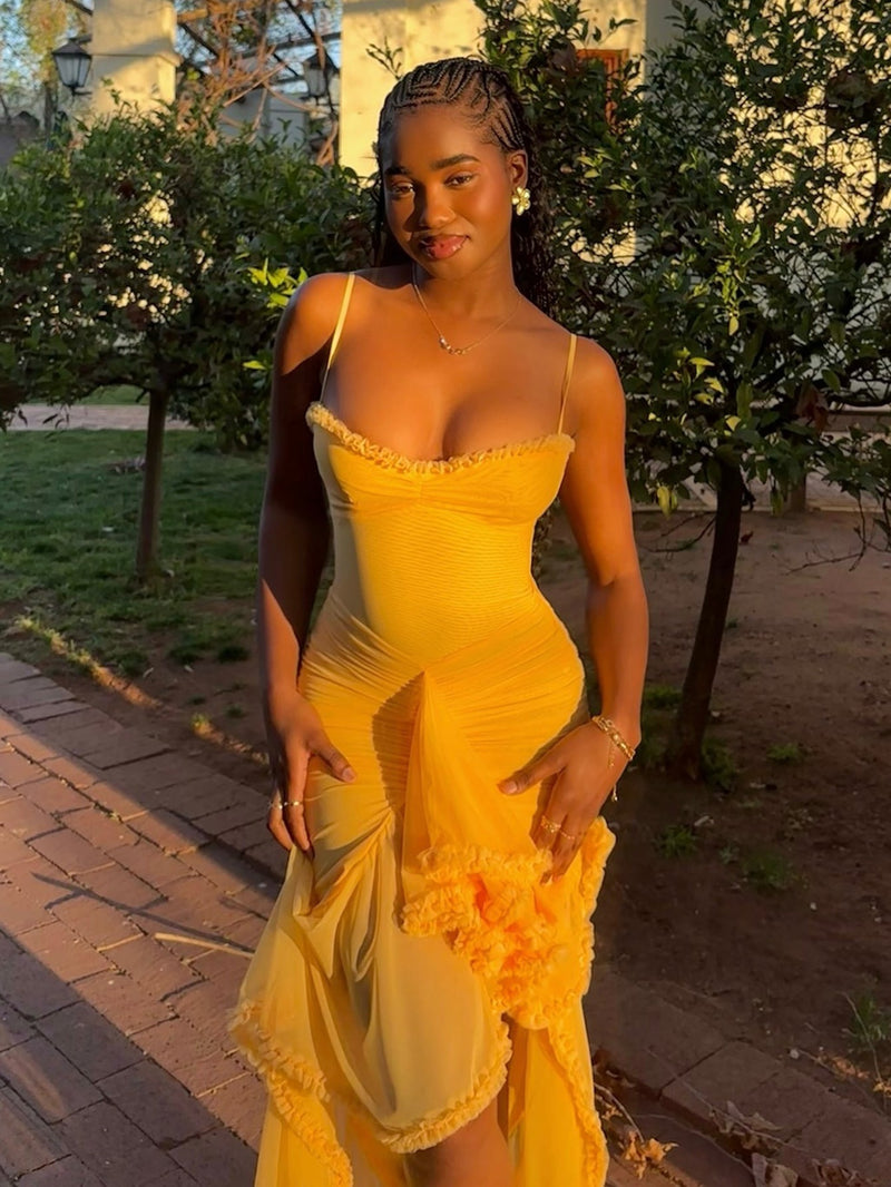 Trendy maxi dress with ruffles and spaghetti straps – Loyza-Yellow-XS-State of Style