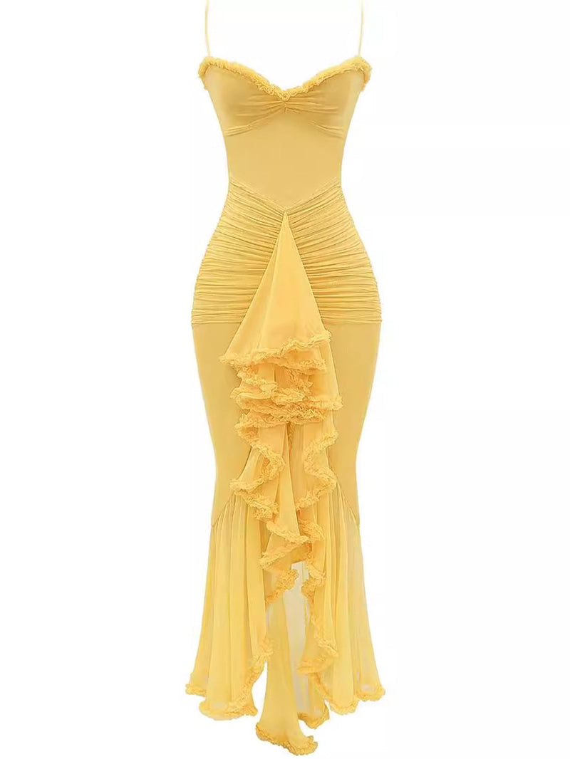 Trendy maxi dress with ruffles and spaghetti straps – Loyza-Yellow-XS-State of Style
