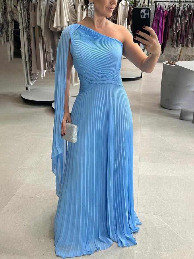 Trendy one-shoulder maxi dress with pleats – Mirella-Blue-XS-State of Style