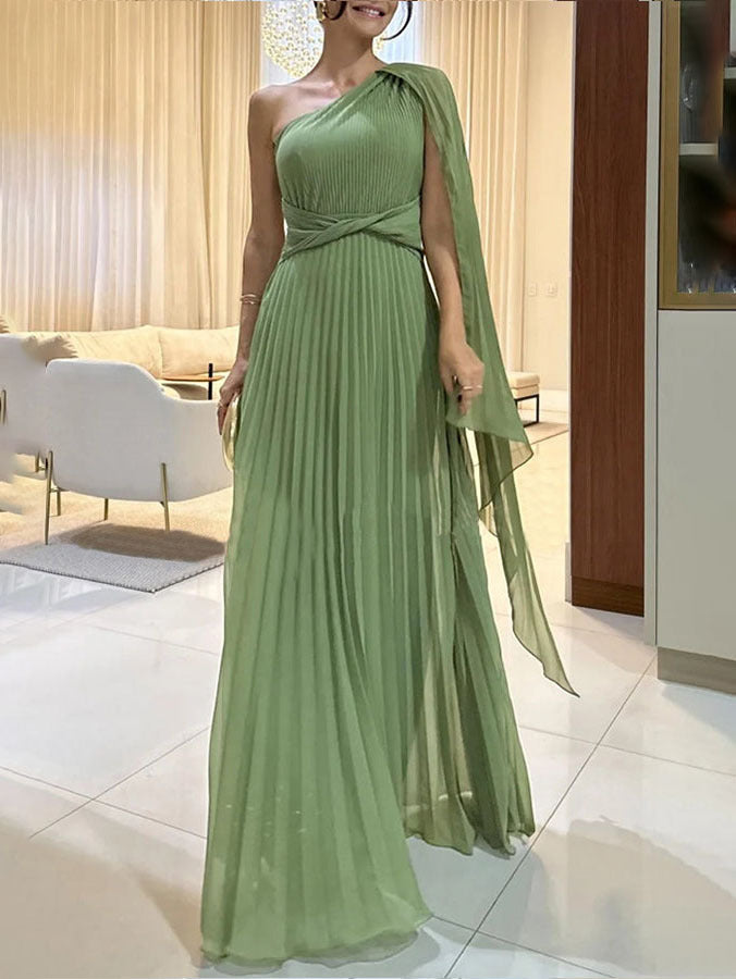 Trendy one-shoulder maxi dress with pleats – Mirella-Green-XS-State of Style