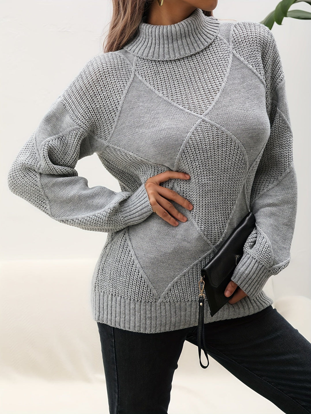 Trendy Plain Turtleneck Jumper - Selena-Grey-S-State of Style