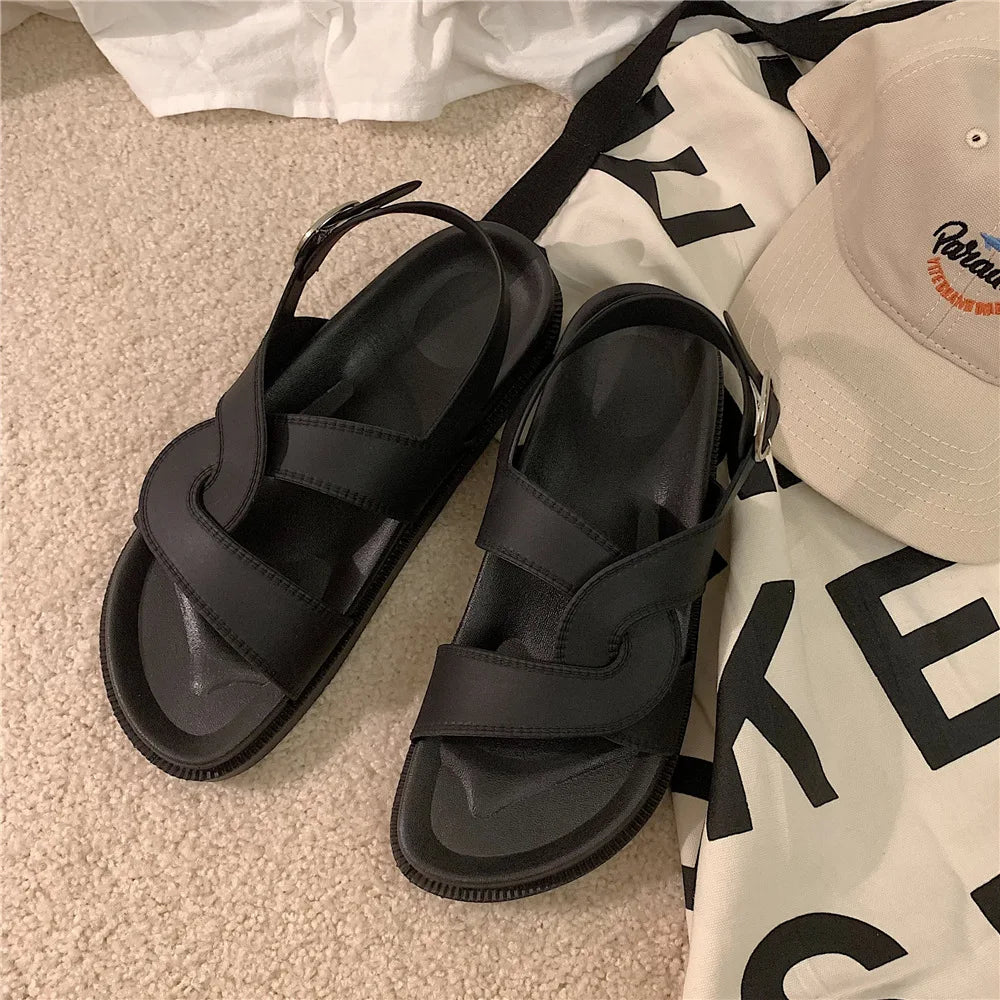 Trendy platform sandals in Korean style for women - Alina-Cut-Out Black-3-State of Style